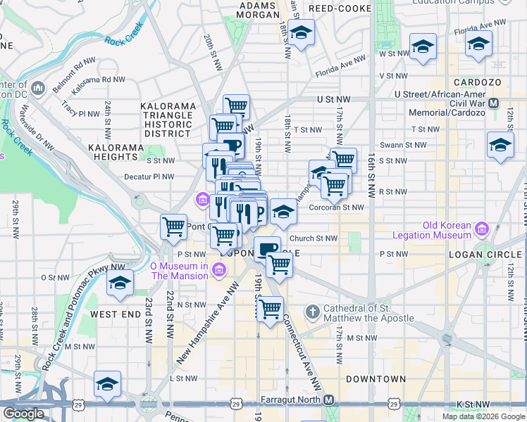map of restaurants, bars, coffee shops, grocery stores, and more near 1617 19th Street Northwest in Washington