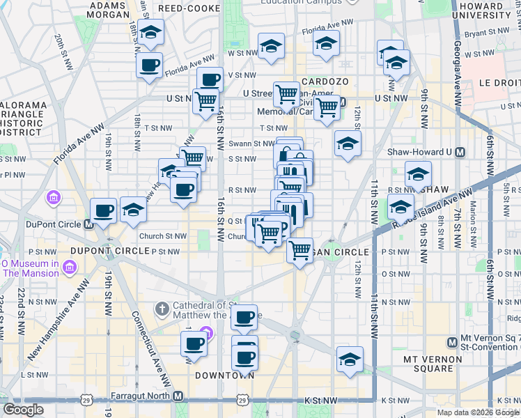 map of restaurants, bars, coffee shops, grocery stores, and more near 1452 Corcoran Street Northwest in Washington