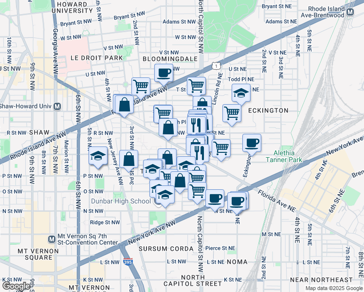 map of restaurants, bars, coffee shops, grocery stores, and more near 52 Quincy Place Northwest in Washington