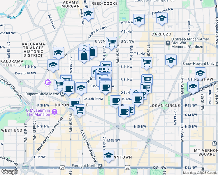 map of restaurants, bars, coffee shops, grocery stores, and more near 1624 Corcoran Street Northwest in Washington