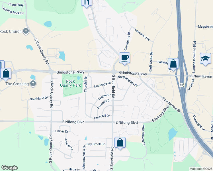 map of restaurants, bars, coffee shops, grocery stores, and more near 2300 Maricopa Drive in Columbia