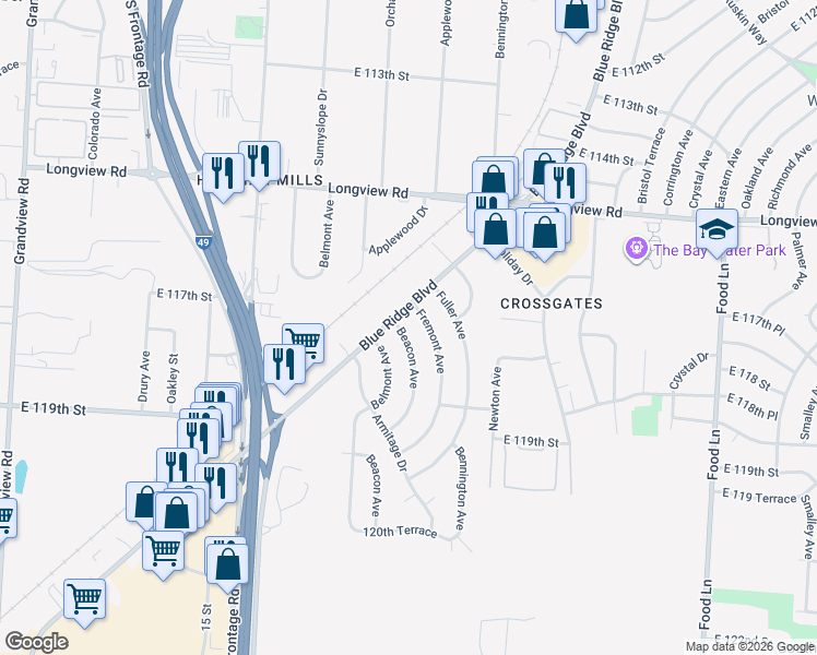 map of restaurants, bars, coffee shops, grocery stores, and more near 11703 Beacon Avenue in Kansas City