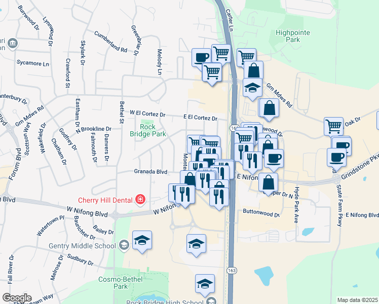 map of restaurants, bars, coffee shops, grocery stores, and more near 3606 Monterey Drive in Columbia