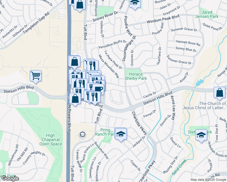 map of restaurants, bars, coffee shops, grocery stores, and more near 6040 Prairie Hills View in Colorado Springs