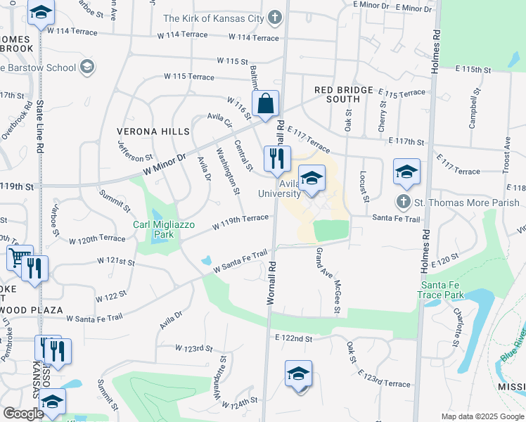 map of restaurants, bars, coffee shops, grocery stores, and more near 106 West 119th Terrace in Kansas City