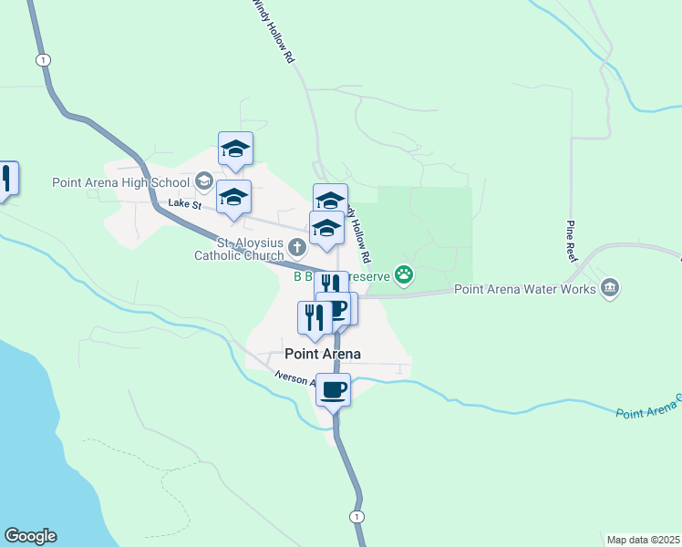 map of restaurants, bars, coffee shops, grocery stores, and more near 10 Scott Place in Point Arena