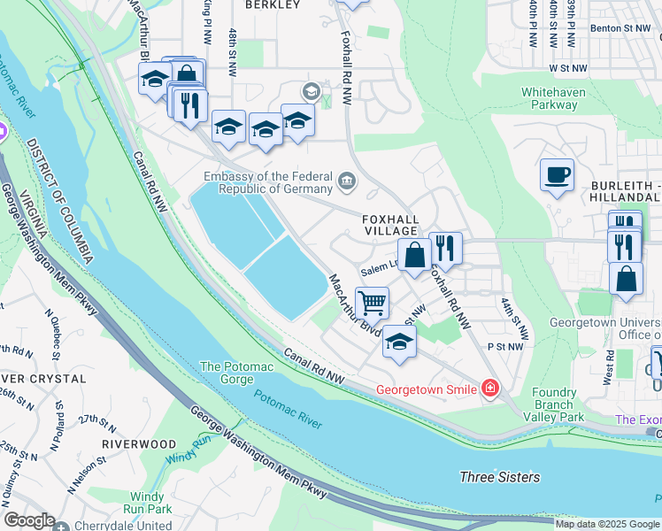 map of restaurants, bars, coffee shops, grocery stores, and more near 4615 MacArthur Boulevard Northwest in Washington