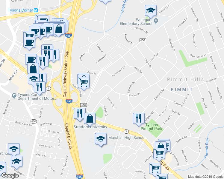 map of restaurants, bars, coffee shops, grocery stores, and more near Lisle Ave & Fisher Dr in Pimmit Hills