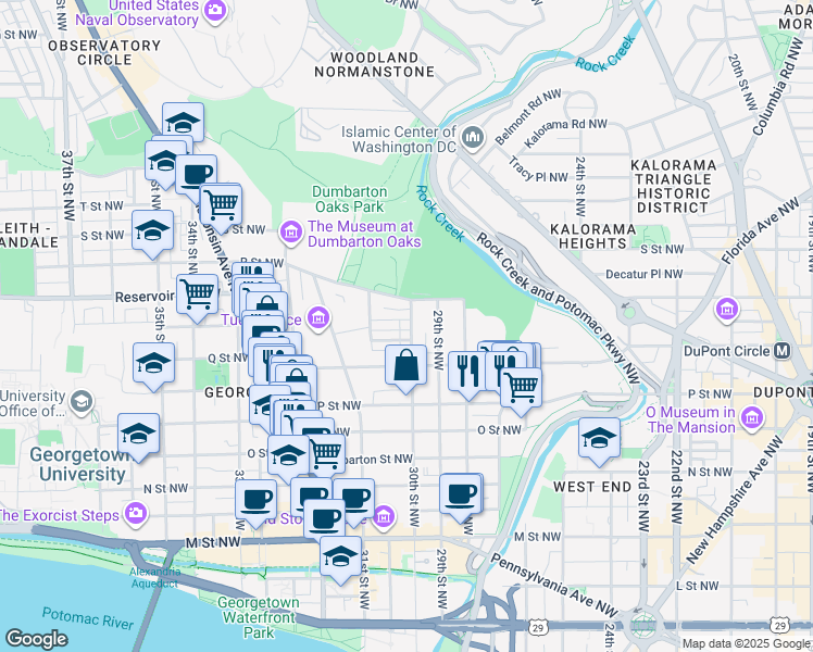 map of restaurants, bars, coffee shops, grocery stores, and more near 1640 30th Street Northwest in Washington