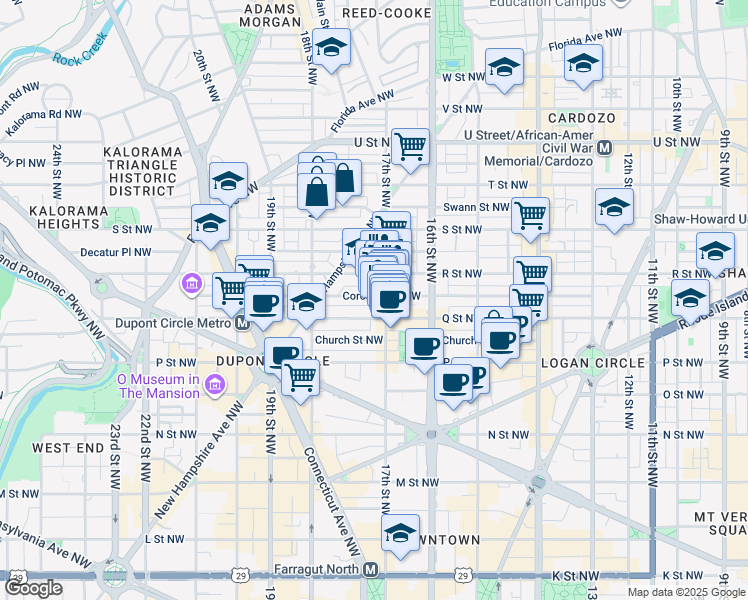 map of restaurants, bars, coffee shops, grocery stores, and more near 1718 Corcoran Street Northwest in Washington