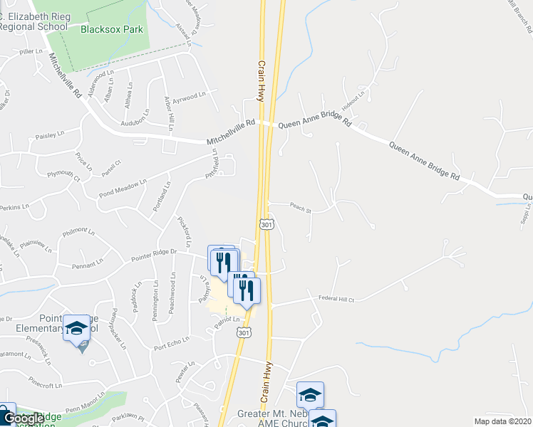 map of restaurants, bars, coffee shops, grocery stores, and more near 1413 Crain Highway in Bowie