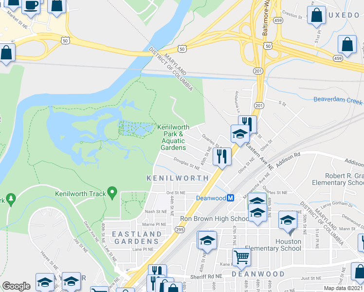 map of restaurants, bars, coffee shops, grocery stores, and more near 4333 Ponds Street Northeast in Washington