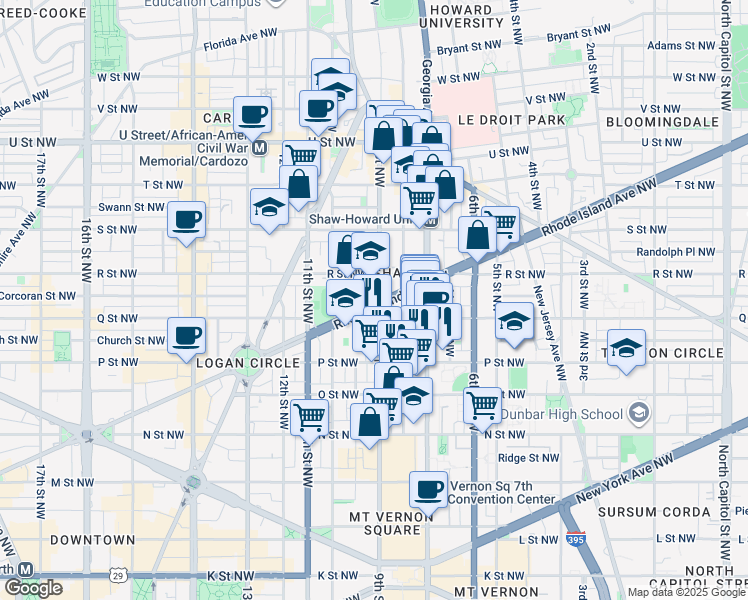 map of restaurants, bars, coffee shops, grocery stores, and more near 900 Rhode Island Avenue Northwest in Washington