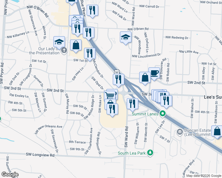 map of restaurants, bars, coffee shops, grocery stores, and more near 1202 Southwest 3rd Street in Lee's Summit