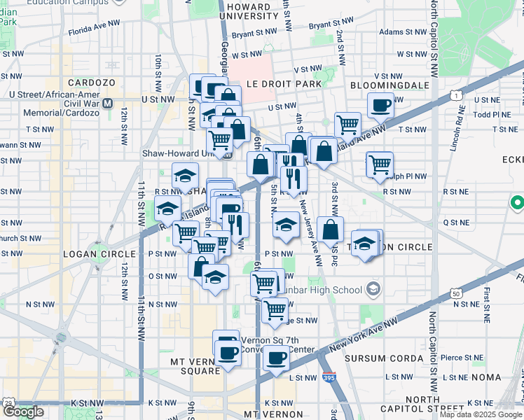 map of restaurants, bars, coffee shops, grocery stores, and more near 1619 6th Street Northwest in Washington
