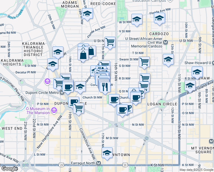 map of restaurants, bars, coffee shops, grocery stores, and more near 1624 Corcoran Street Northwest in Washington