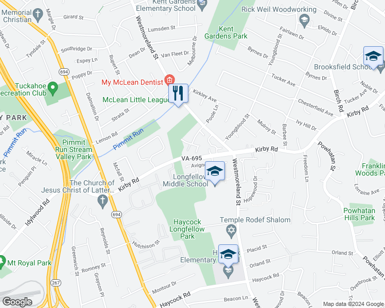 map of restaurants, bars, coffee shops, grocery stores, and more near 6709 Pine Creek Court in McLean