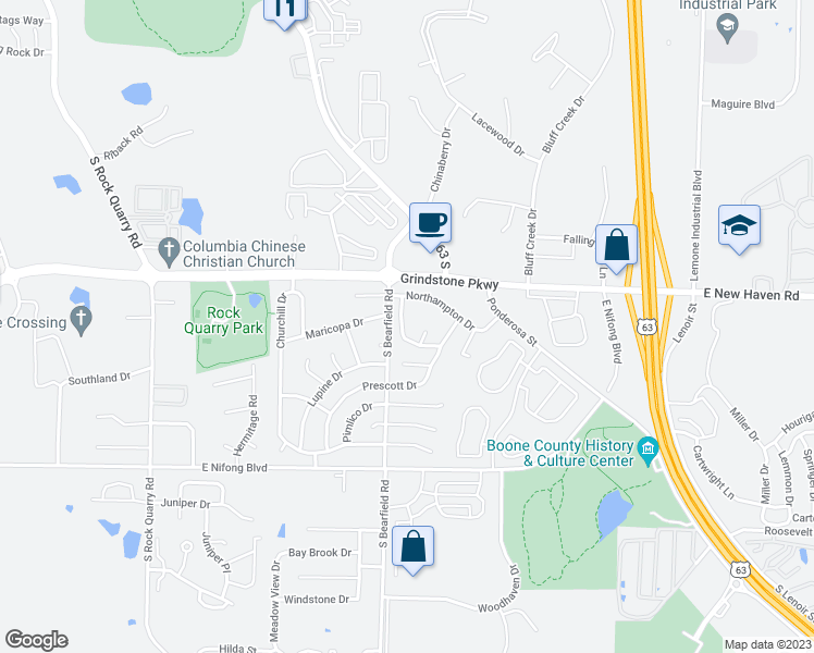 map of restaurants, bars, coffee shops, grocery stores, and more near 3514 La Mesa Drive in Columbia