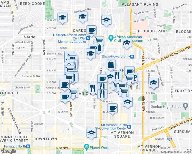 map of restaurants, bars, coffee shops, grocery stores, and more near 1617 12th Street Northwest in Washington