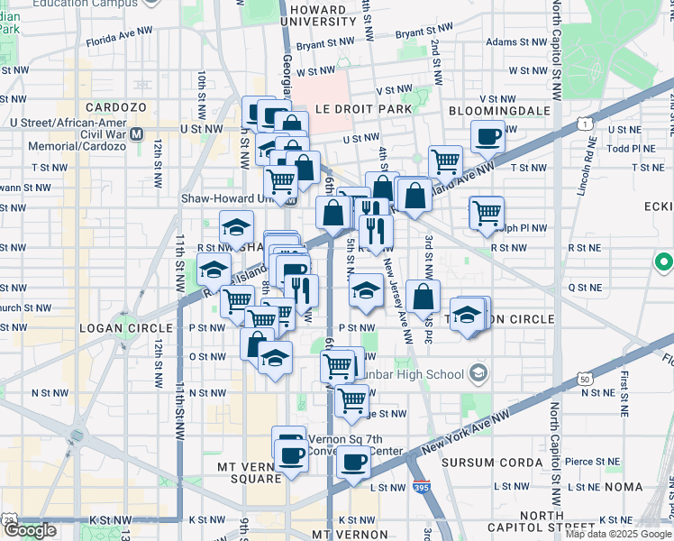 map of restaurants, bars, coffee shops, grocery stores, and more near 1619 6th Street Northwest in Washington