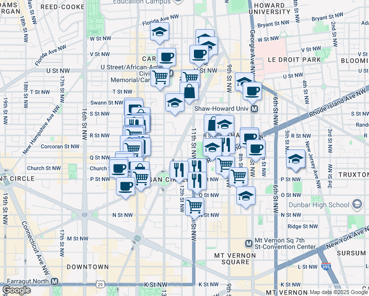 map of restaurants, bars, coffee shops, grocery stores, and more near 1617 12th Street Northwest in Washington