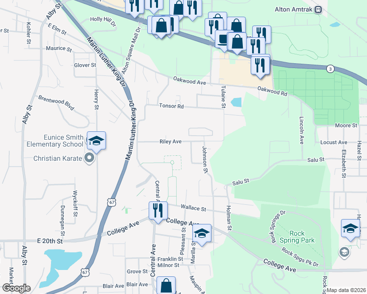 map of restaurants, bars, coffee shops, grocery stores, and more near 991 Riley Avenue in Alton