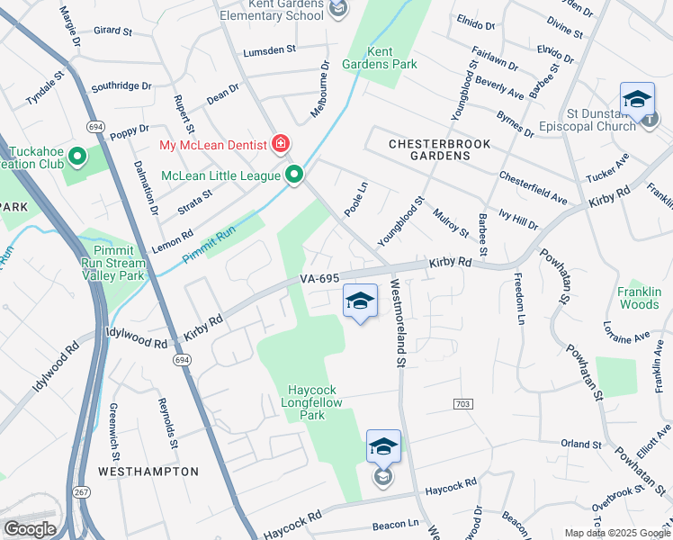 map of restaurants, bars, coffee shops, grocery stores, and more near 6703 Pine Creek Court in McLean