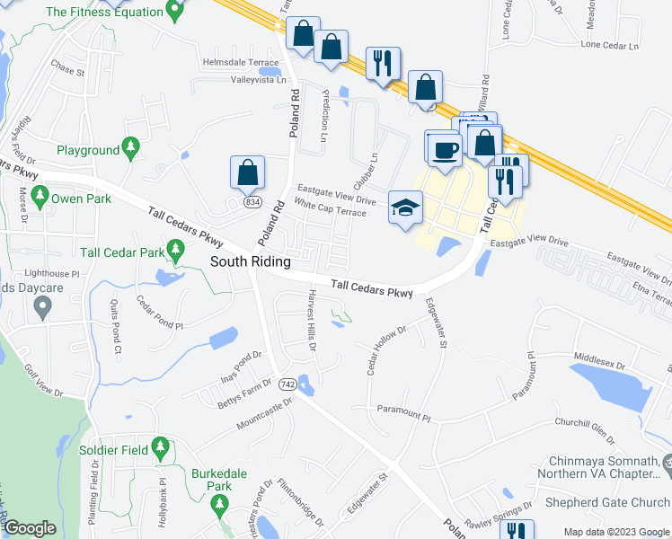 map of restaurants, bars, coffee shops, grocery stores, and more near 43585 Taylor Tree Terrace in Chantilly