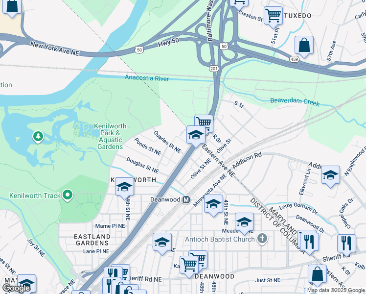 map of restaurants, bars, coffee shops, grocery stores, and more near 4536 Quarles Street Northeast in Washington