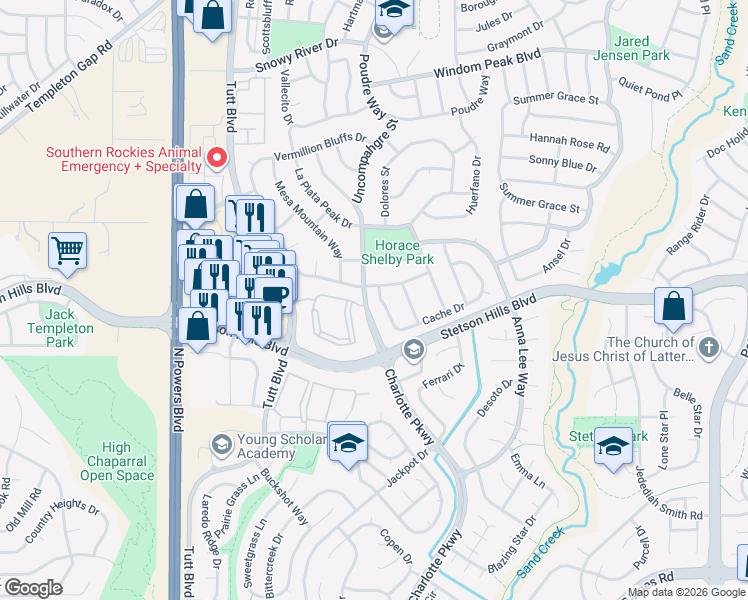 map of restaurants, bars, coffee shops, grocery stores, and more near 6380 Cache Drive in Colorado Springs