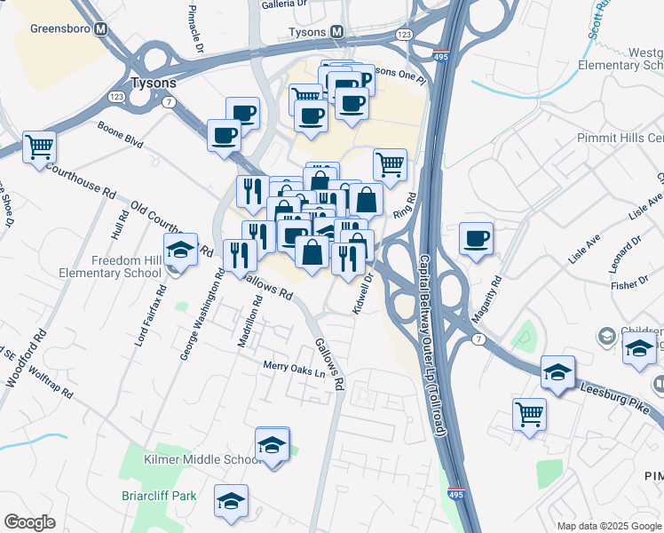map of restaurants, bars, coffee shops, grocery stores, and more near 1938 Old Gallows Road in Vienna