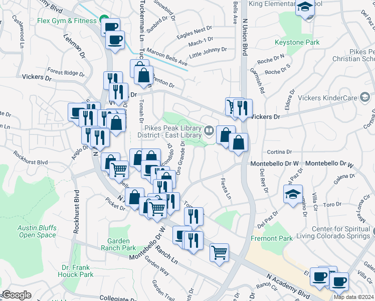map of restaurants, bars, coffee shops, grocery stores, and more near 5536 Descanso Circle West in Colorado Springs