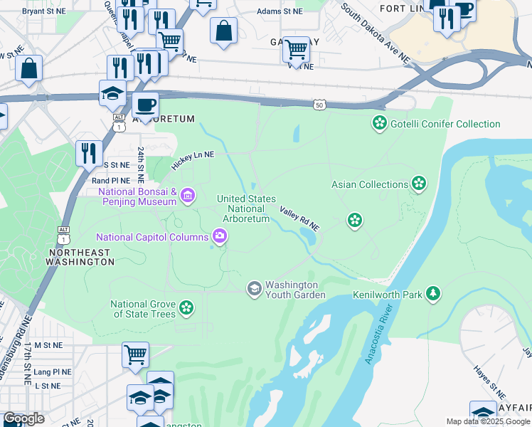 map of restaurants, bars, coffee shops, grocery stores, and more near 101 Independence Avenue Southeast in Washington