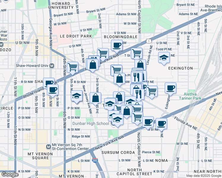 map of restaurants, bars, coffee shops, grocery stores, and more near 299 Q Street Northwest in Washington