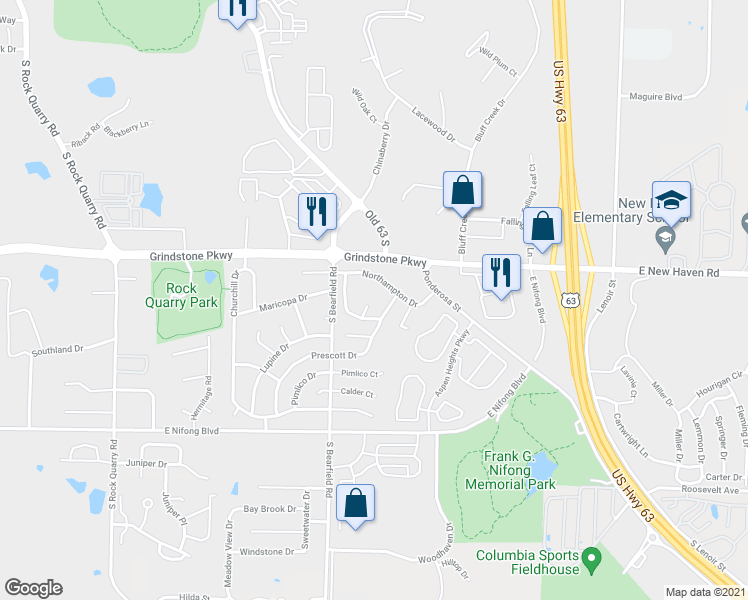 map of restaurants, bars, coffee shops, grocery stores, and more near 3512 Delmar Court in Columbia