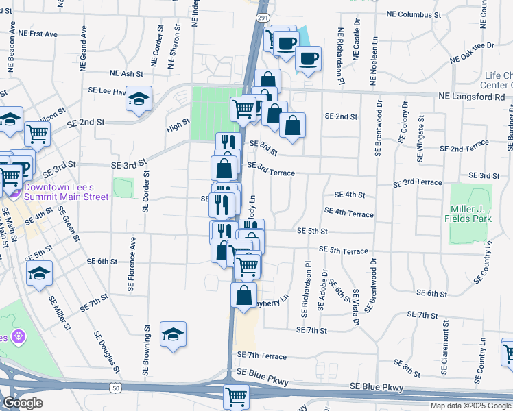 map of restaurants, bars, coffee shops, grocery stores, and more near in Lee's Summit