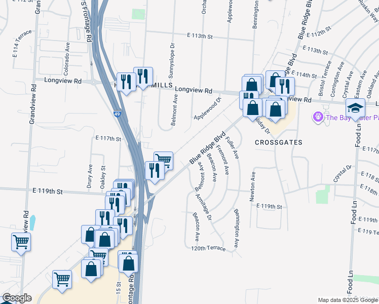 map of restaurants, bars, coffee shops, grocery stores, and more near 11710 Blue Ridge Boulevard in Kansas City