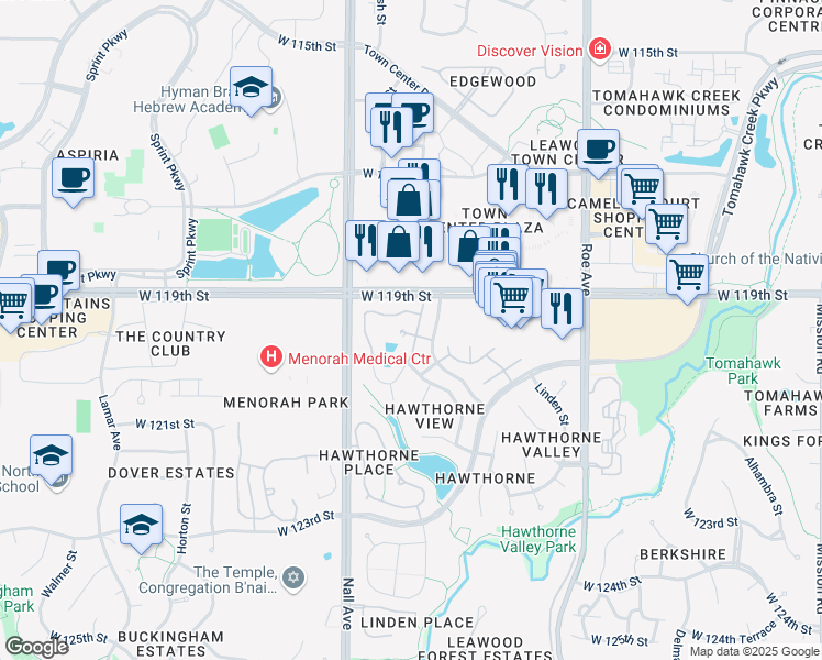 map of restaurants, bars, coffee shops, grocery stores, and more near 5315 West 120th Terrace in Overland Park