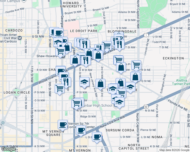 map of restaurants, bars, coffee shops, grocery stores, and more near 101 Independence Avenue Southeast in Washington