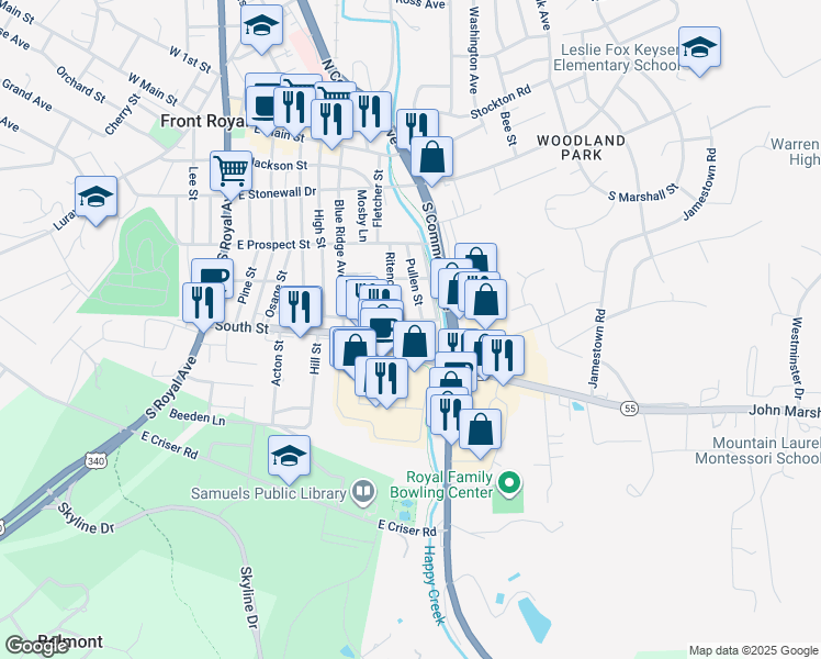 map of restaurants, bars, coffee shops, grocery stores, and more near 511 Short Street in Front Royal