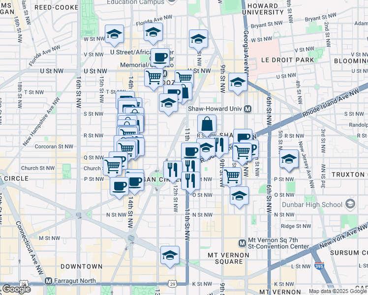 map of restaurants, bars, coffee shops, grocery stores, and more near 1618 11th Street Northwest in Washington