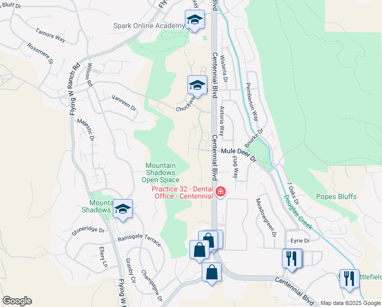 map of restaurants, bars, coffee shops, grocery stores, and more near 5461 Silverstone Terrace in Colorado Springs