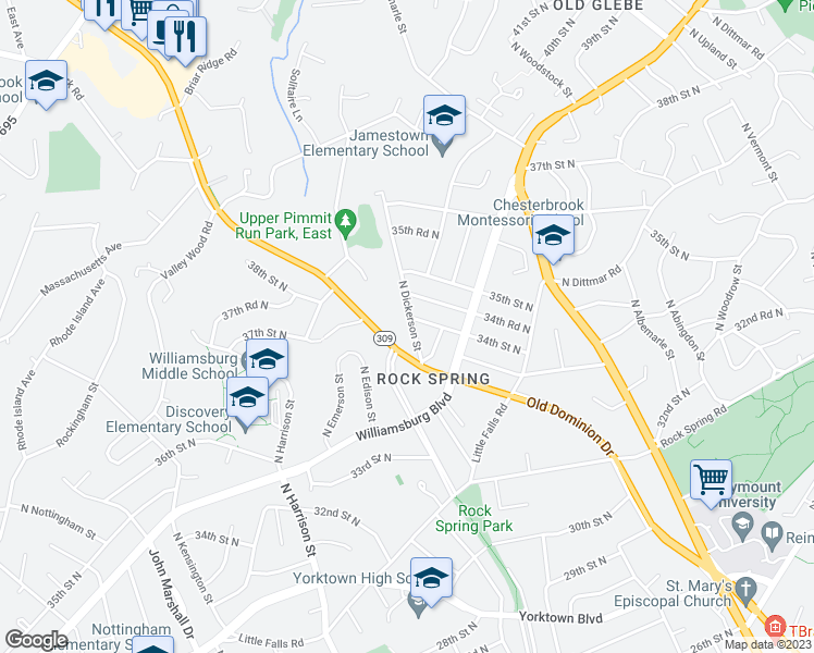 map of restaurants, bars, coffee shops, grocery stores, and more near 3374 North Dickerson Street in Arlington