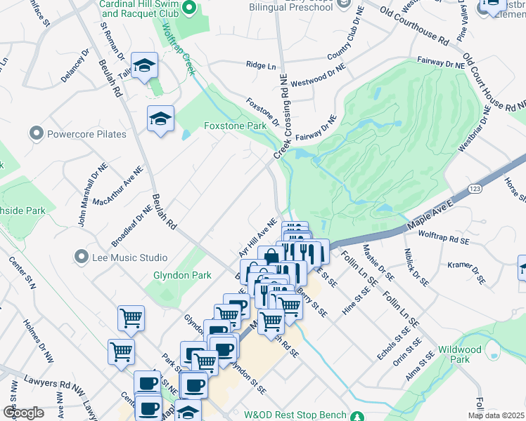 map of restaurants, bars, coffee shops, grocery stores, and more near 317 Westview Court Northeast in Vienna