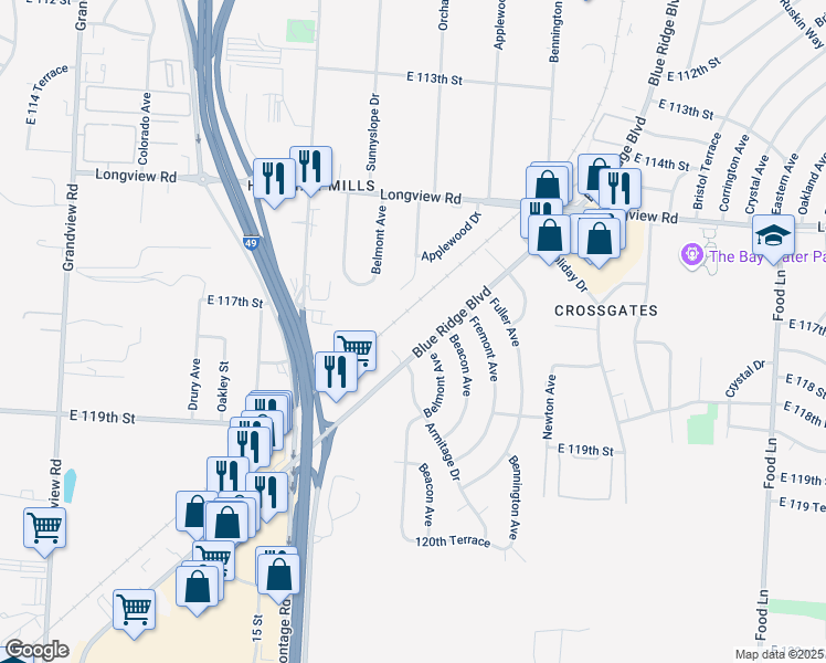 map of restaurants, bars, coffee shops, grocery stores, and more near 11710 Blue Ridge Boulevard in Kansas City