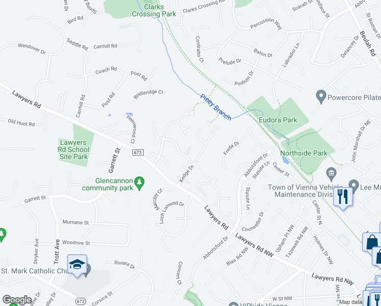 map of restaurants, bars, coffee shops, grocery stores, and more near 9792 Meadow Valley Drive in Vienna