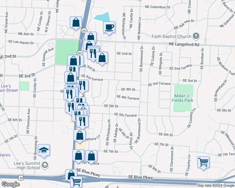 map of restaurants, bars, coffee shops, grocery stores, and more near 406 Southeast Richardson Place in Lee's Summit