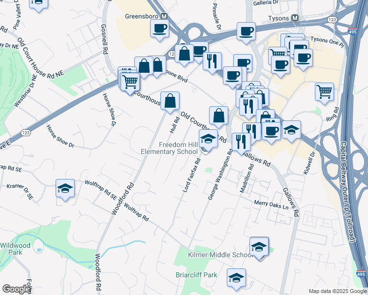 map of restaurants, bars, coffee shops, grocery stores, and more near 1927 Byrd Road in Vienna