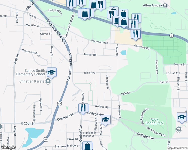 map of restaurants, bars, coffee shops, grocery stores, and more near 991 Riley Avenue in Alton