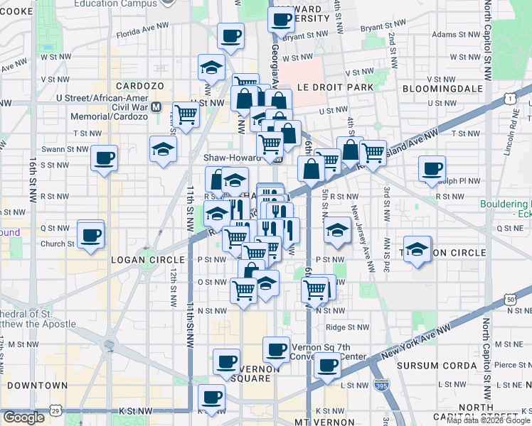 map of restaurants, bars, coffee shops, grocery stores, and more near 101 Independence Avenue Southeast in Washington